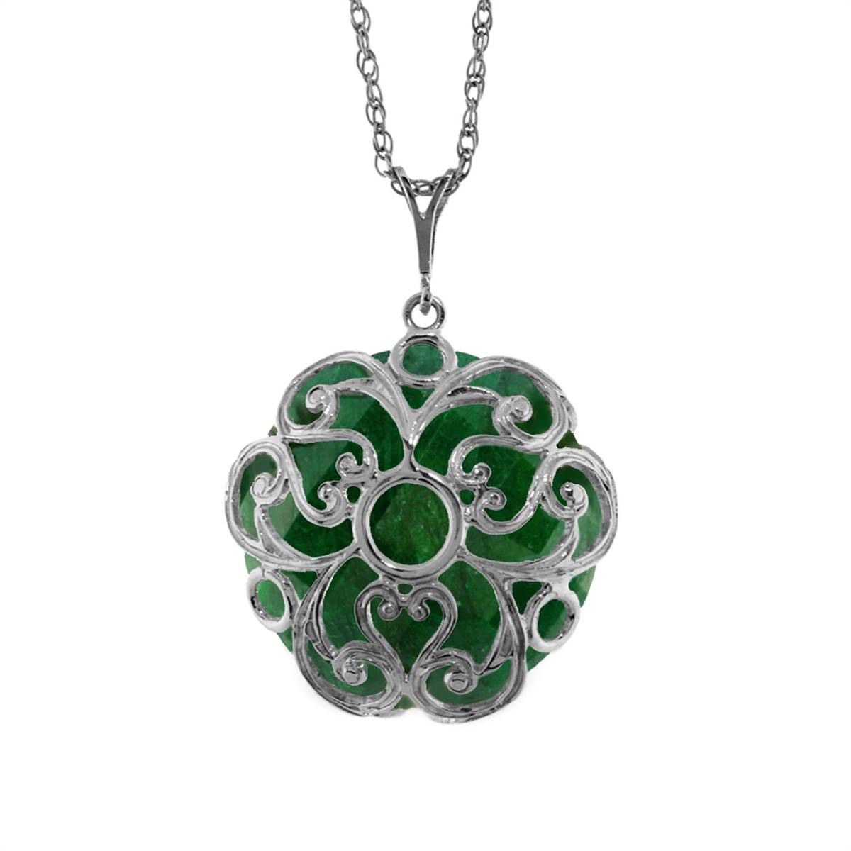 14K Solid White Gold Necklace w/ Checkerboard Cut Round Dyed Green Sapphire