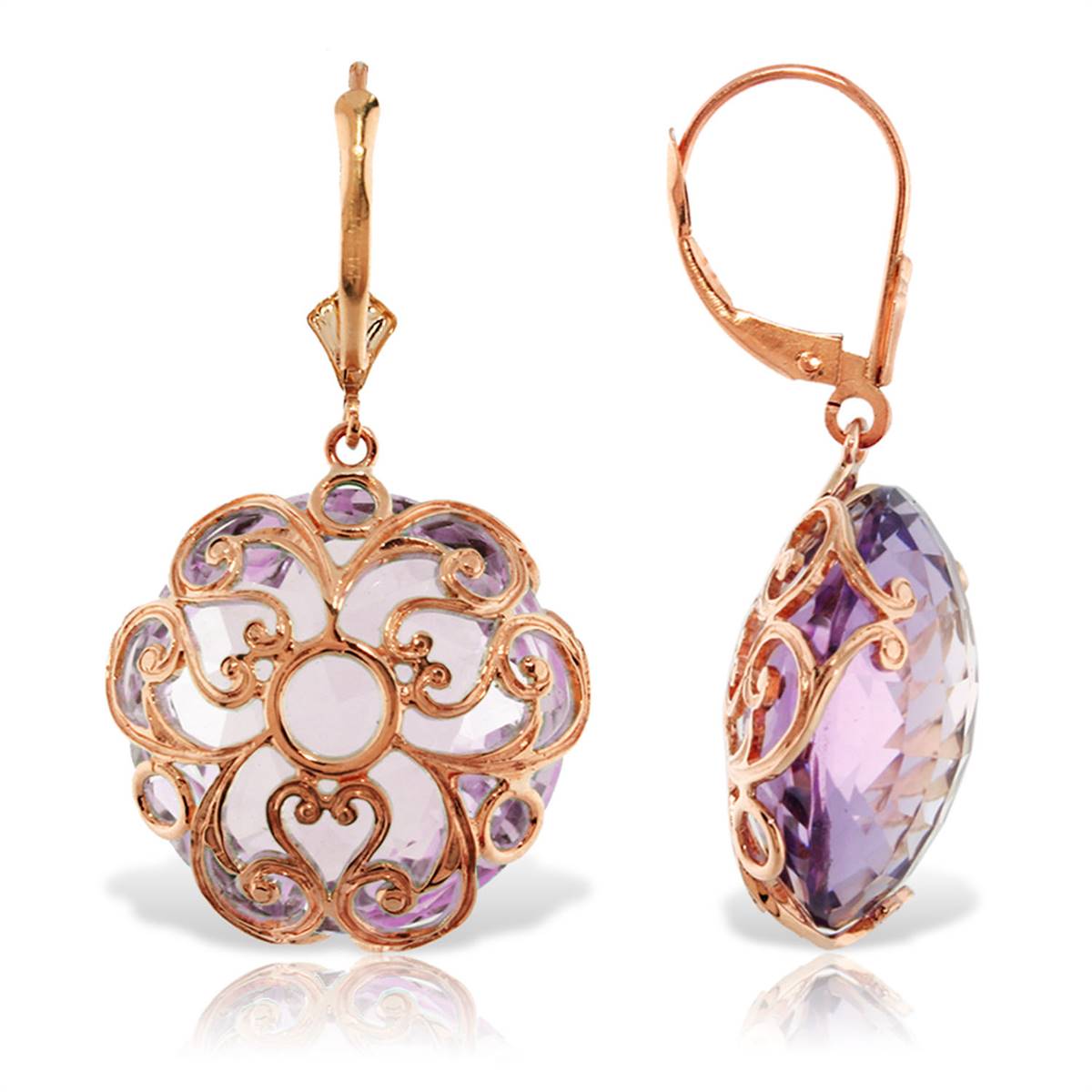 14K Solid Rose Gold Leverback Earrings Round Amethyst