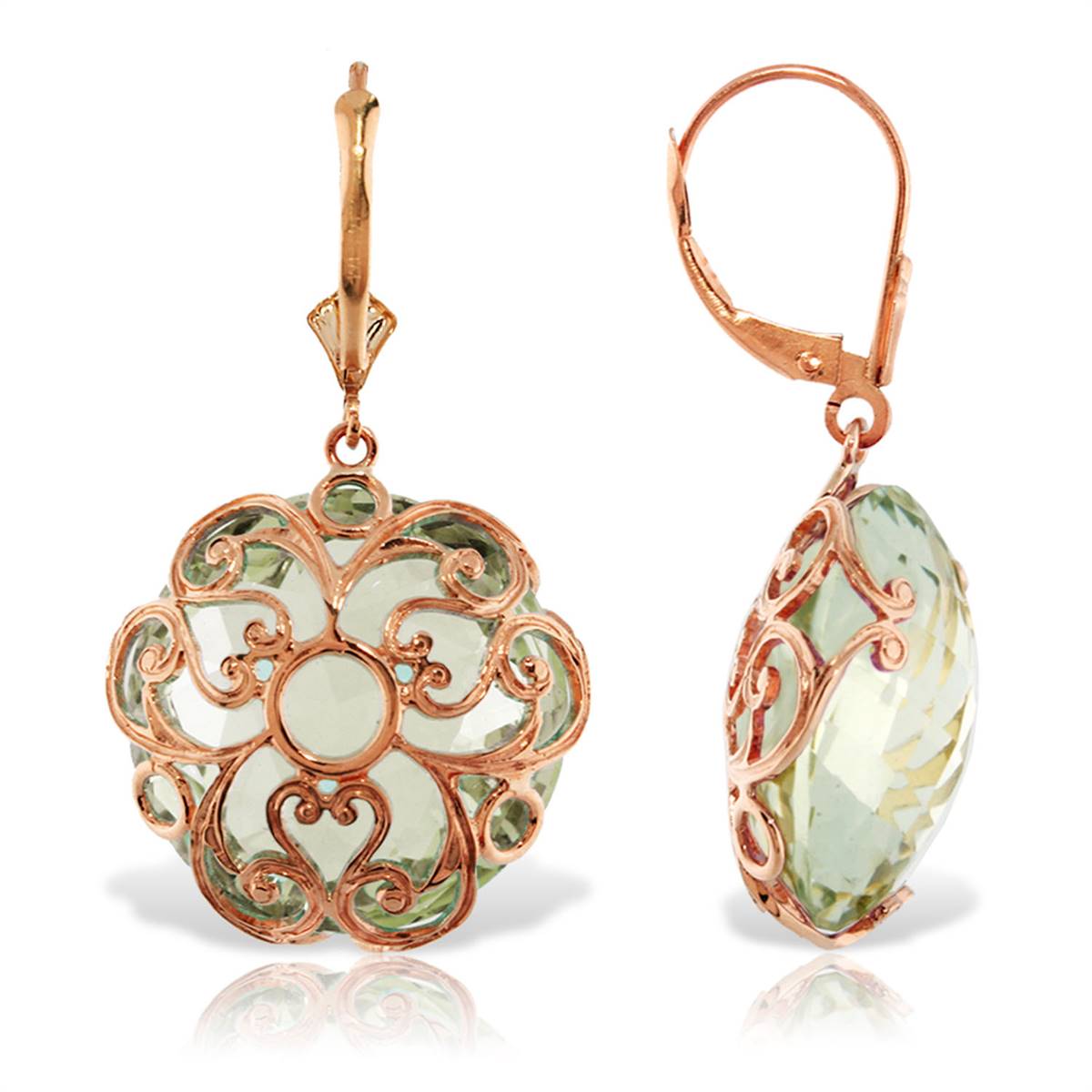 14K Solid Rose Gold Leverback Earrings Round Green Amethyst