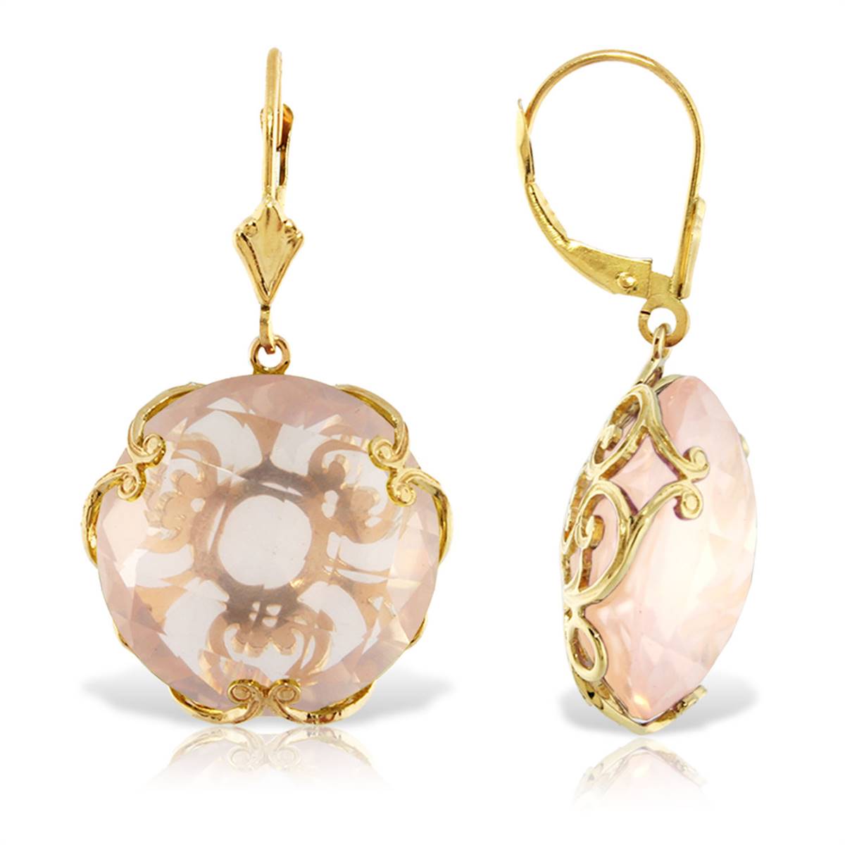14K Solid Yellow Gold Leverback Round Rose Quartz Earrings