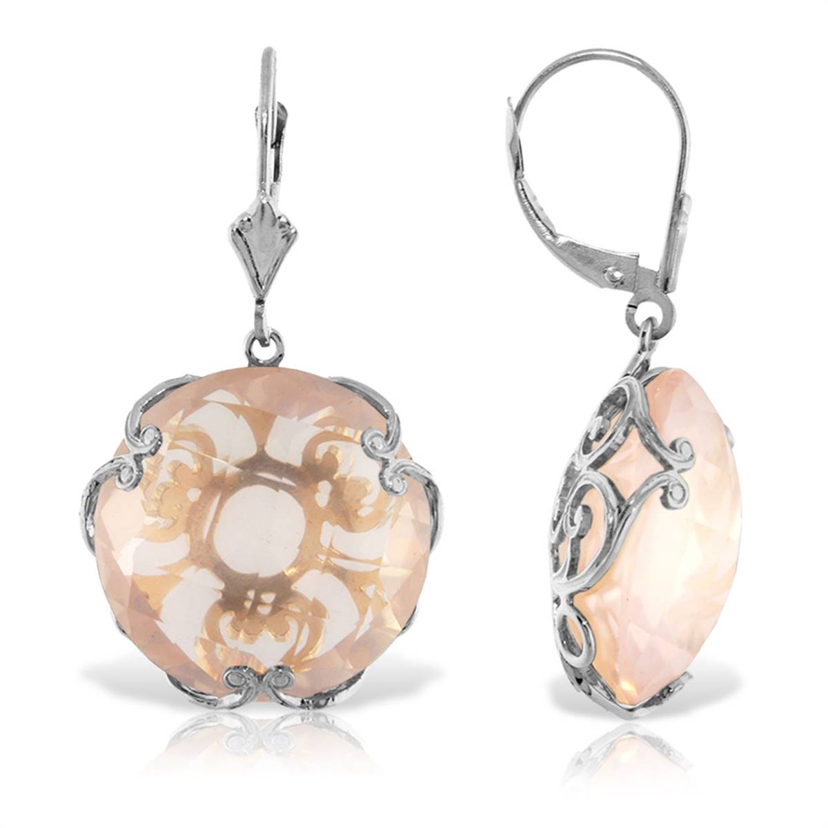 14K Solid White Gold Leverback Earrings Round Rose Quartz Jewelry