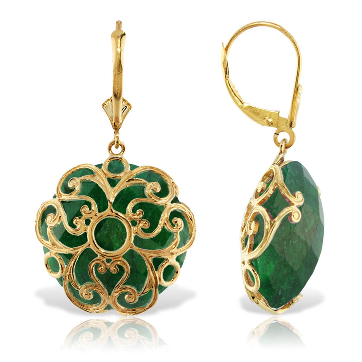 14K Solid Yellow Gold Leverback Earrings w/ Checkerboard Cut Round Dyed Green Sapphires