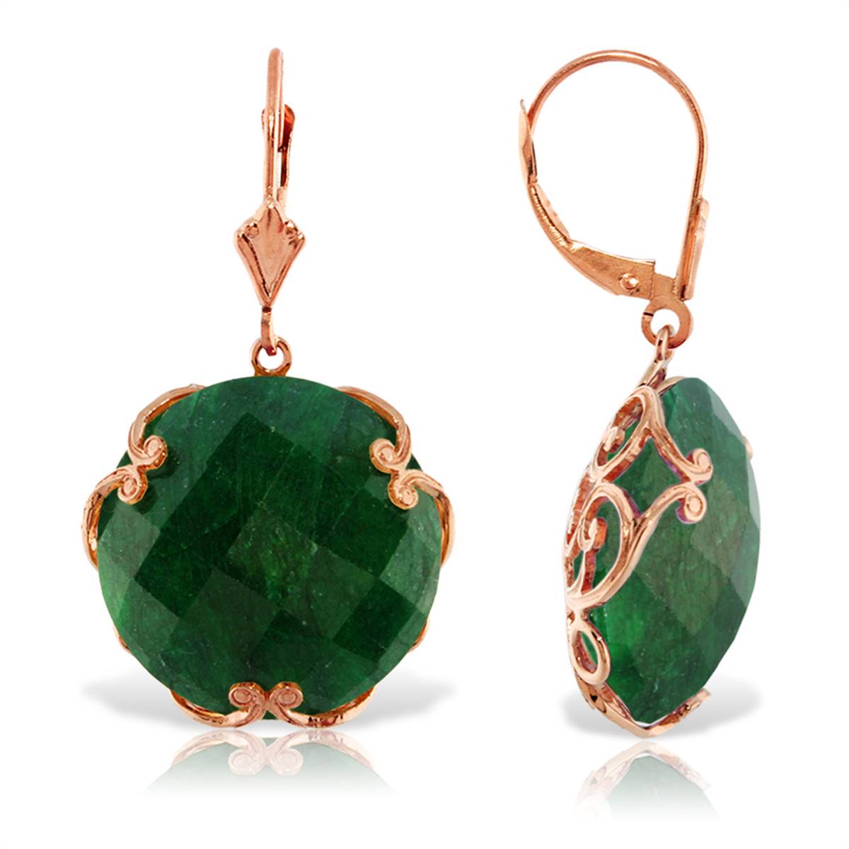 14K Solid Rose Gold Leverback Earrings w/ Checkerboard Cut Round Dyed Green Sapphires