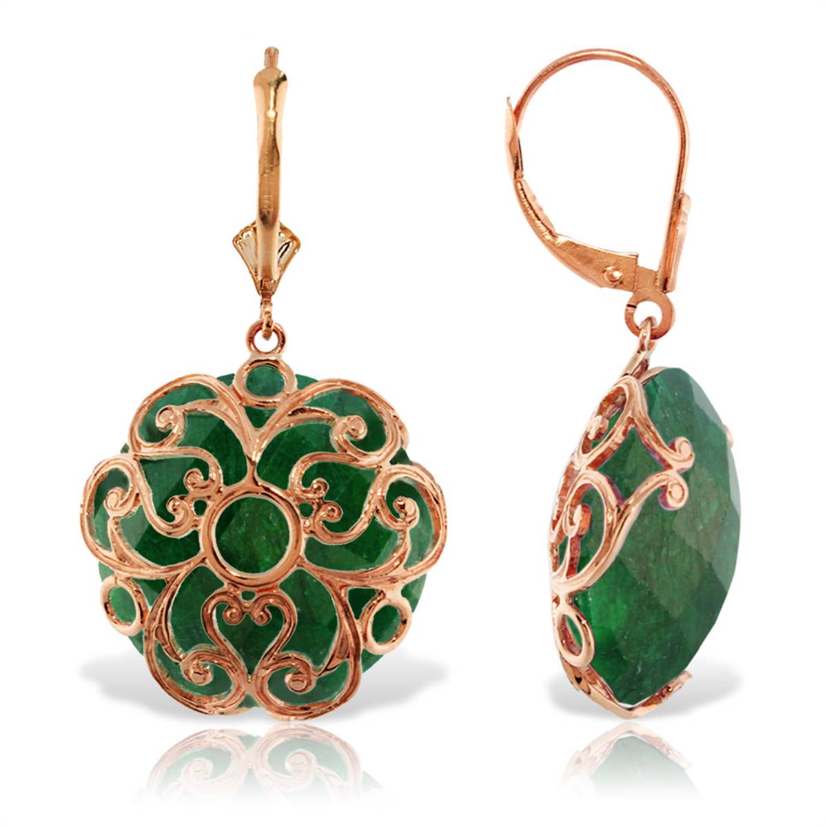 14K Solid Rose Gold Leverback Earrings w/ Checkerboard Cut Round Dyed Green Sapphires