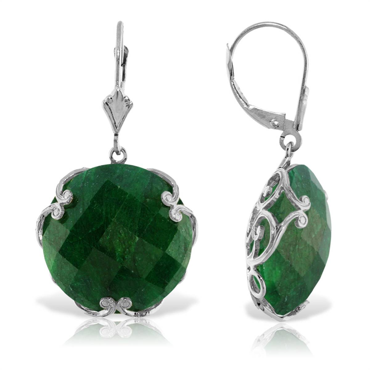 14K Solid White Gold Leverback Earrings w/ Checkerboard Cut Round Dyed Green Sapphires