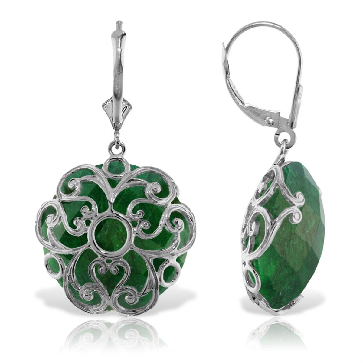 14K Solid White Gold Leverback Earrings w/ Checkerboard Cut Round Dyed Green Sapphires