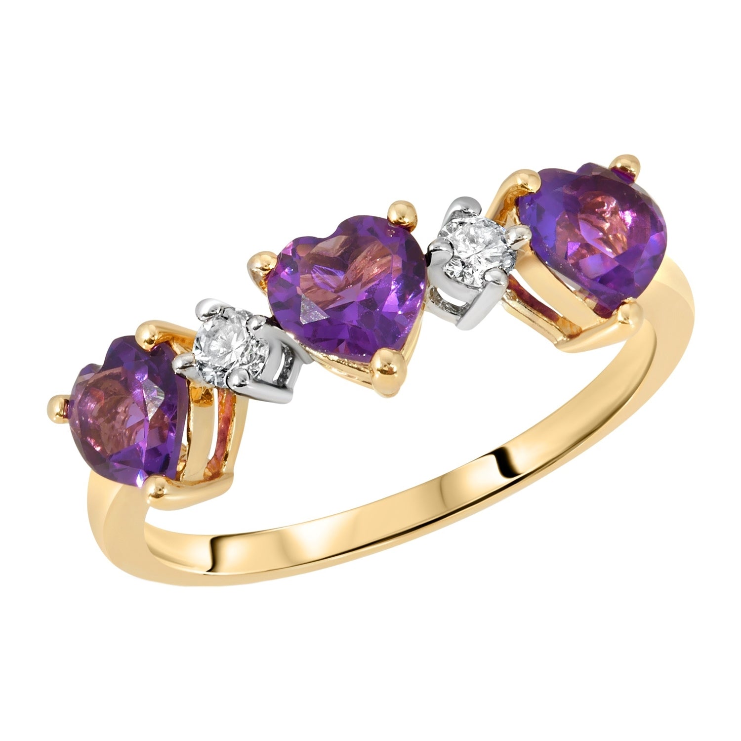 14K Solid Yellow Gold Ring Triple Heart Purple Amethyst with Natural Diamonds