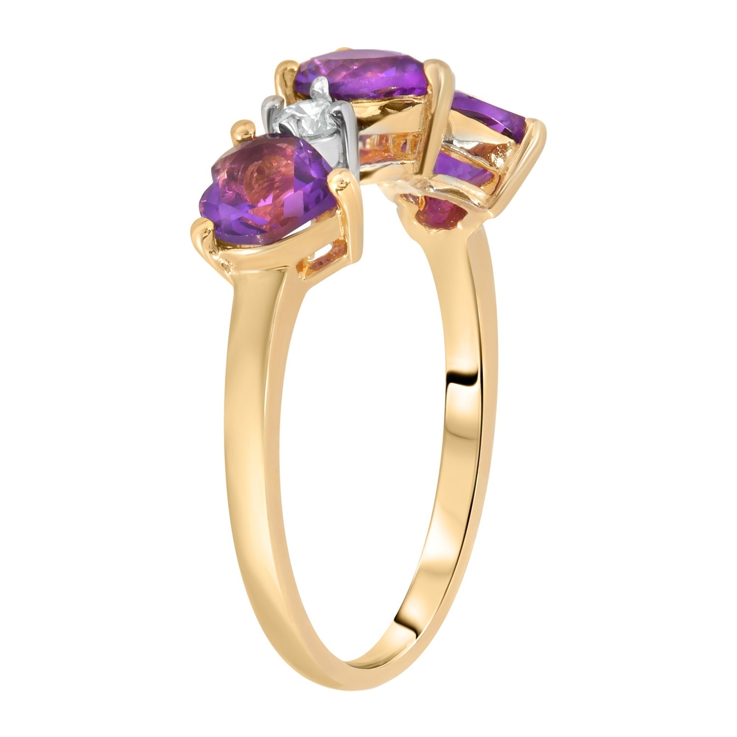 14K Solid Yellow Gold Ring Triple Heart Purple Amethyst with Natural Diamonds