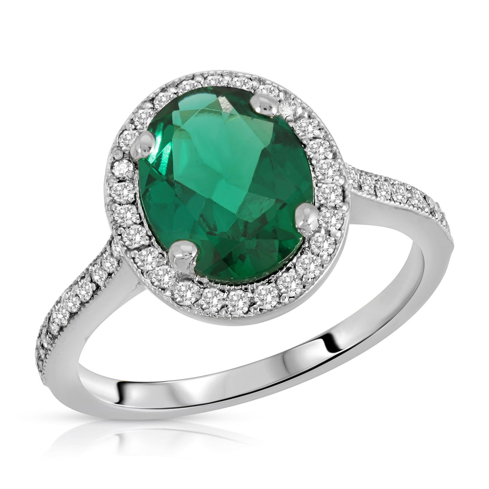 2.15 Carat Total Weight 14K Solid White Gold Emerald and Natural Diamonds Halo Ring Brilliant Oval Shape Cut and Round Diamonds Anniversary Engagement Promise Ring