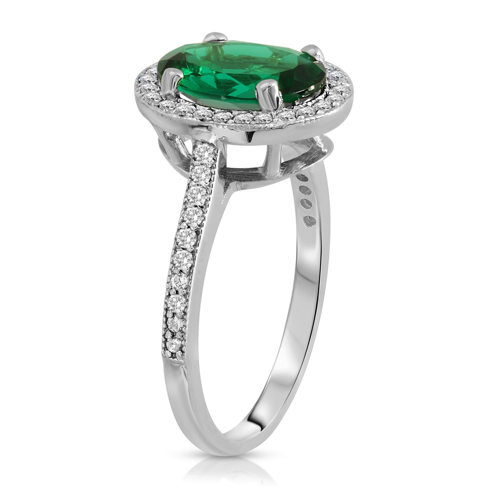 2.15 Carat Total Weight 14K Solid White Gold Emerald and Natural Diamonds Halo Ring Brilliant Oval Shape Cut and Round Diamonds Anniversary Engagement Promise Ring
