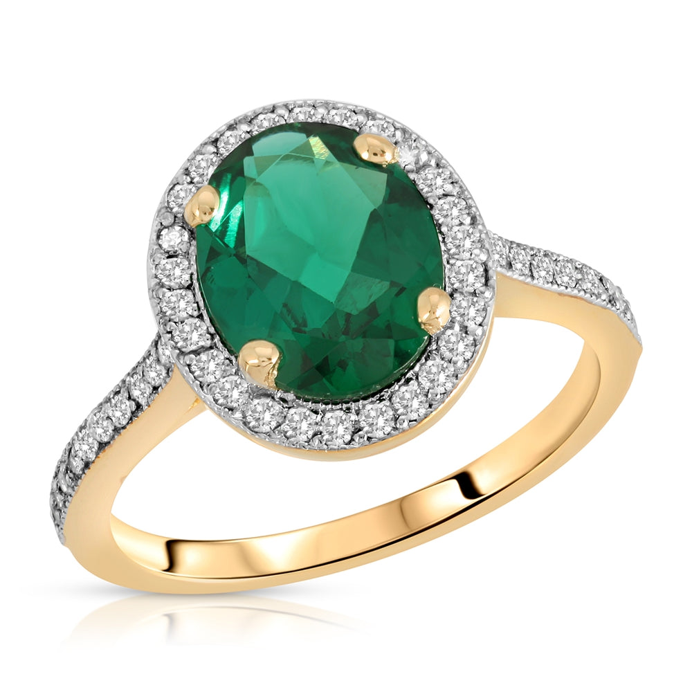 2.15 Carat Total Weight 14K Solid Yellow Gold Emerald and Natural Diamonds Halo Ring Brilliant Oval Shape Cut and Round Diamonds Anniversary Engagement Promise Ring