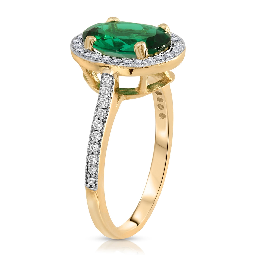 2.15 Carat Total Weight 14K Solid Yellow Gold Emerald and Natural Diamonds Halo Ring Brilliant Oval Shape Cut and Round Diamonds Anniversary Engagement Promise Ring
