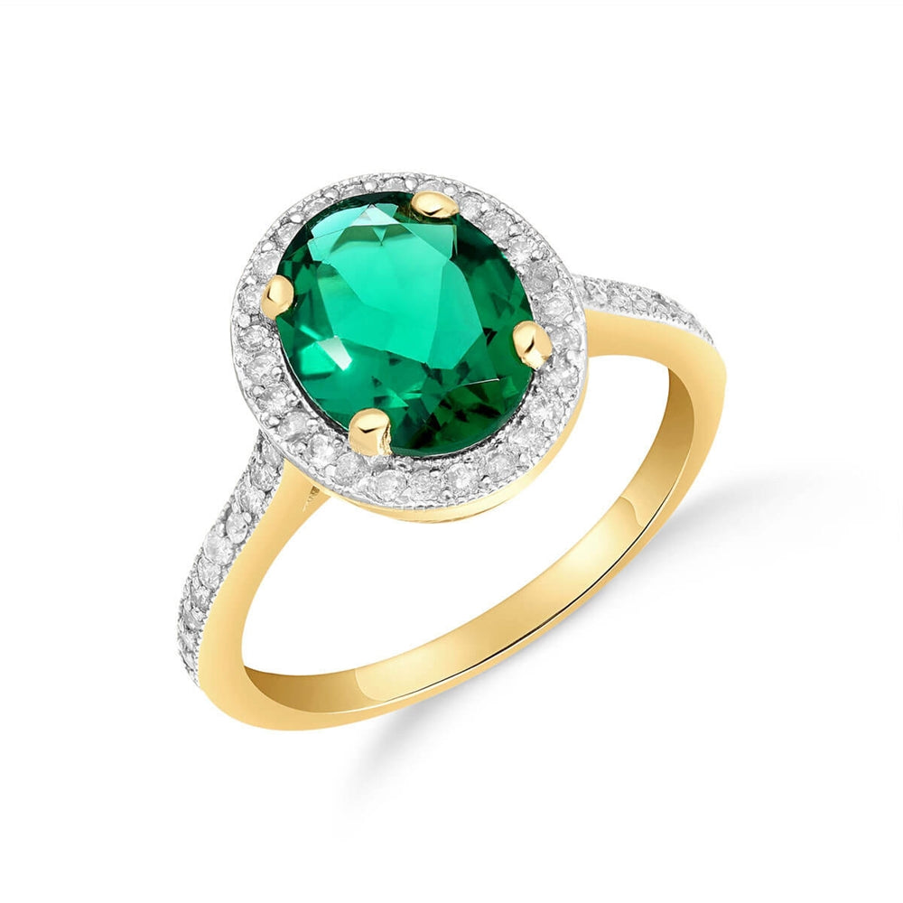 2.15 Carat Total Weight 14K Solid Yellow Gold Emerald and Natural Diamonds Halo Ring Brilliant Oval Shape Cut and Round Diamonds Anniversary Engagement Promise Ring