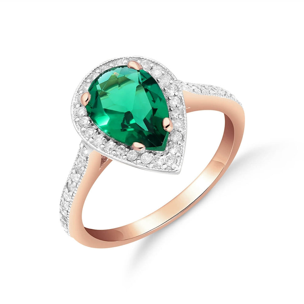 1.69 Carat Total Weight 14K Solid Rose Gold Emerald and Natural Diamond Halo Ring Brilliant Pear Cut Tear Drop Shape Round Diamonds Anniversary Engagement Promise Ring