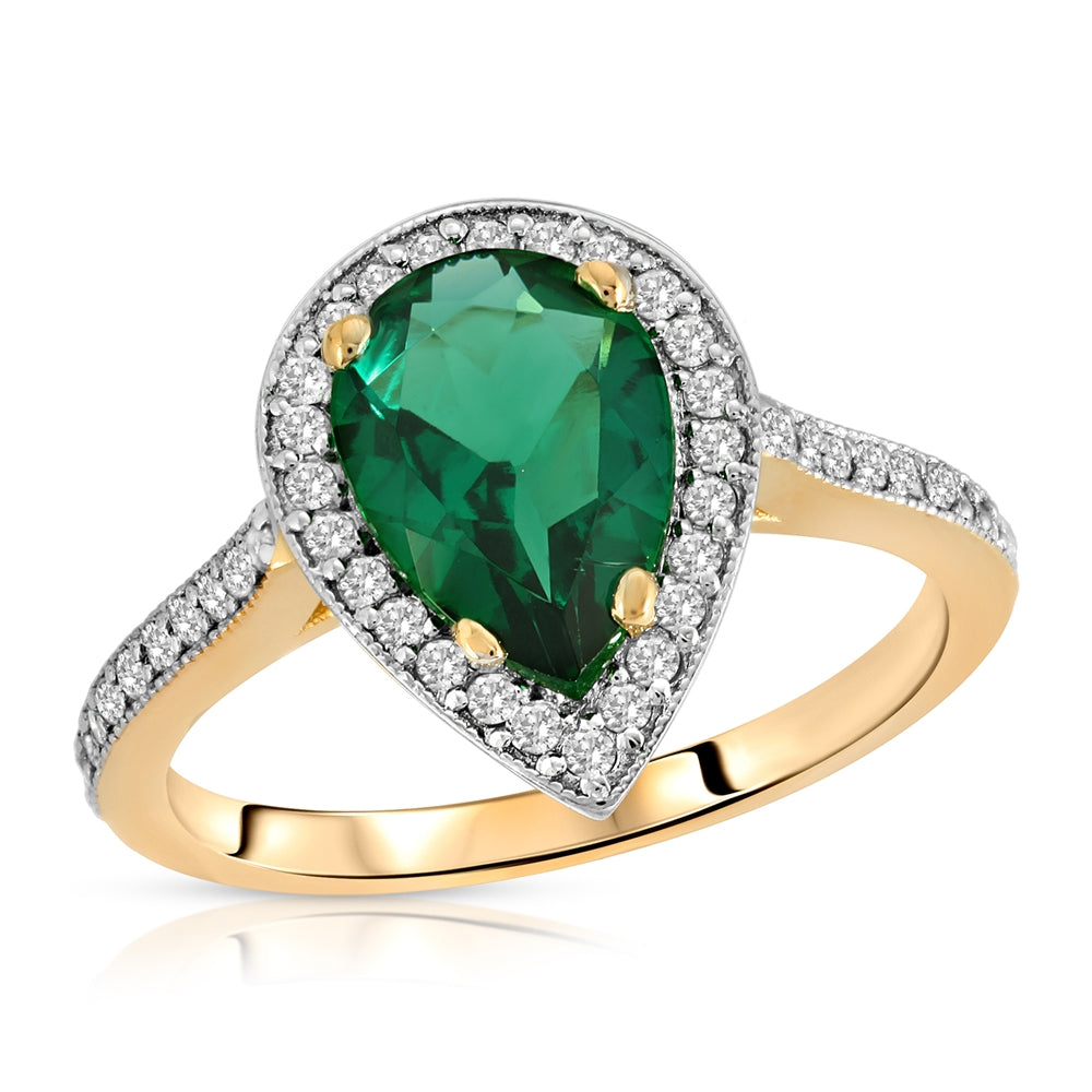 1.69 Carat Total Weight 14K Solid Yellow Gold Emerald and Natural Diamond Halo Ring Brilliant Pear Cut Tear Drop Shape Round Diamonds Anniversary Engagement Promise Ring