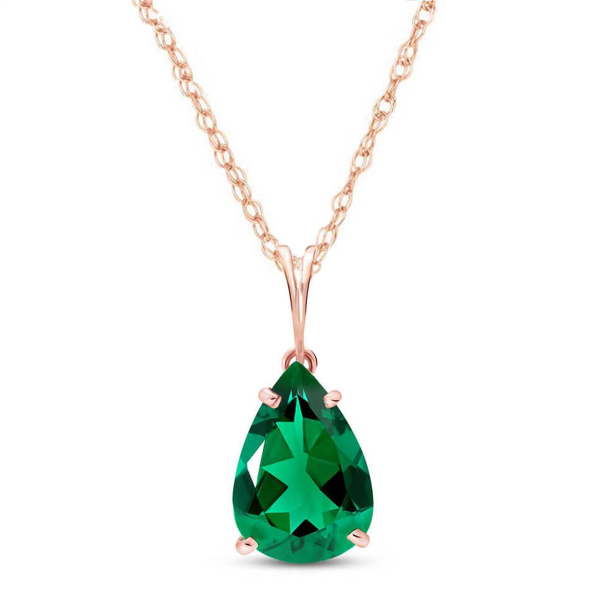 14K Solid Rose Gold Necklace With Pear Shape 3.00 ctw High Polished Genuine Emerald - Grade AAA
