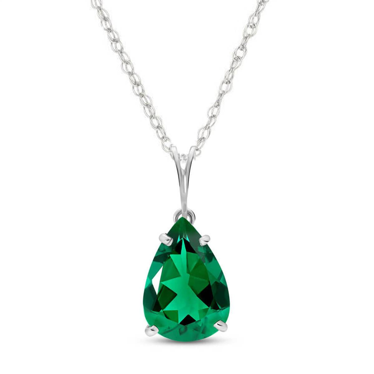 14K Solid White Gold Necklace With Pear Shape 3.00 ctw High Polished Genuine Emerald - Grade AAA