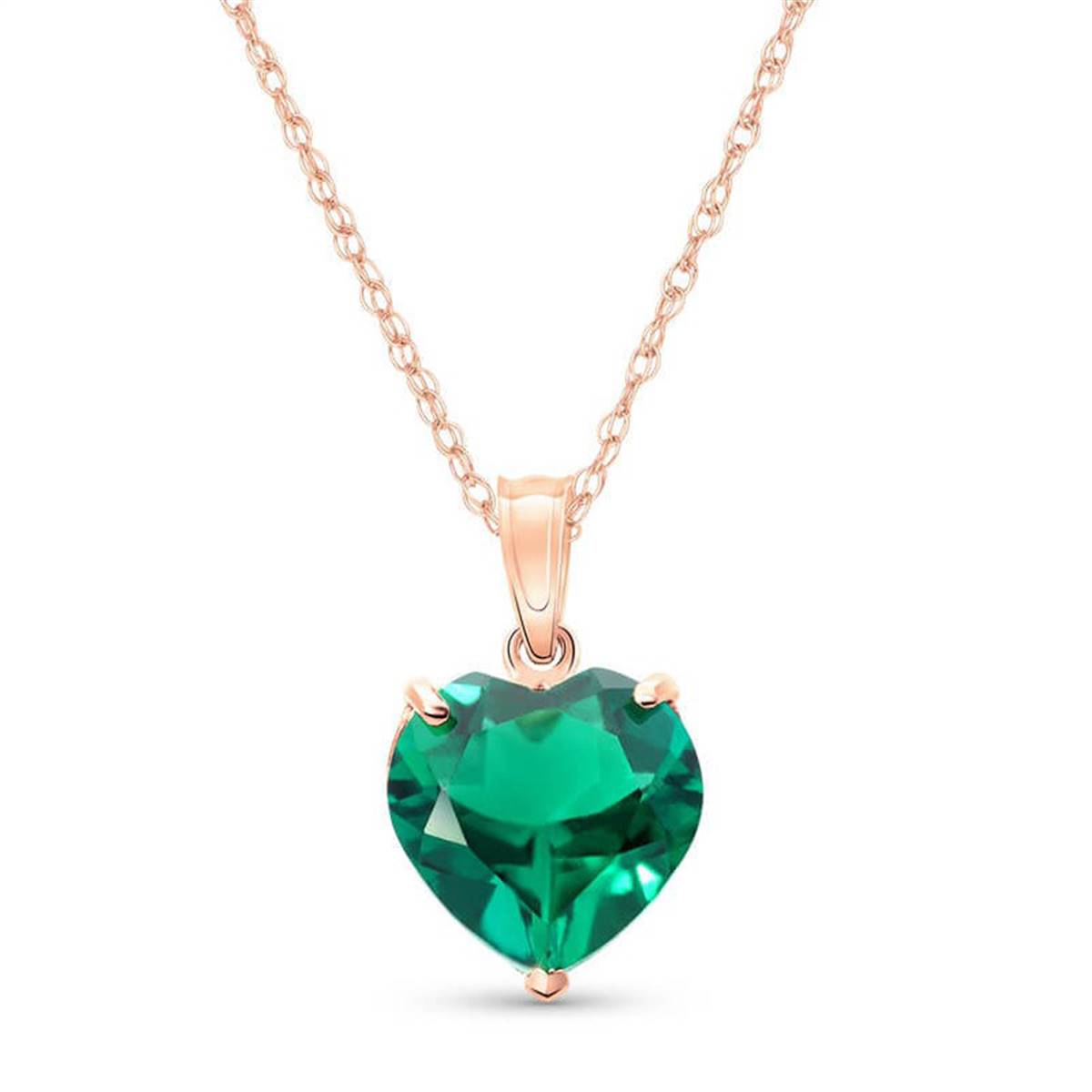 14K Solid Rose Gold Necklace With Heart Shape 2.75 ctw High Polished Genuine Emerald - Grade AAA