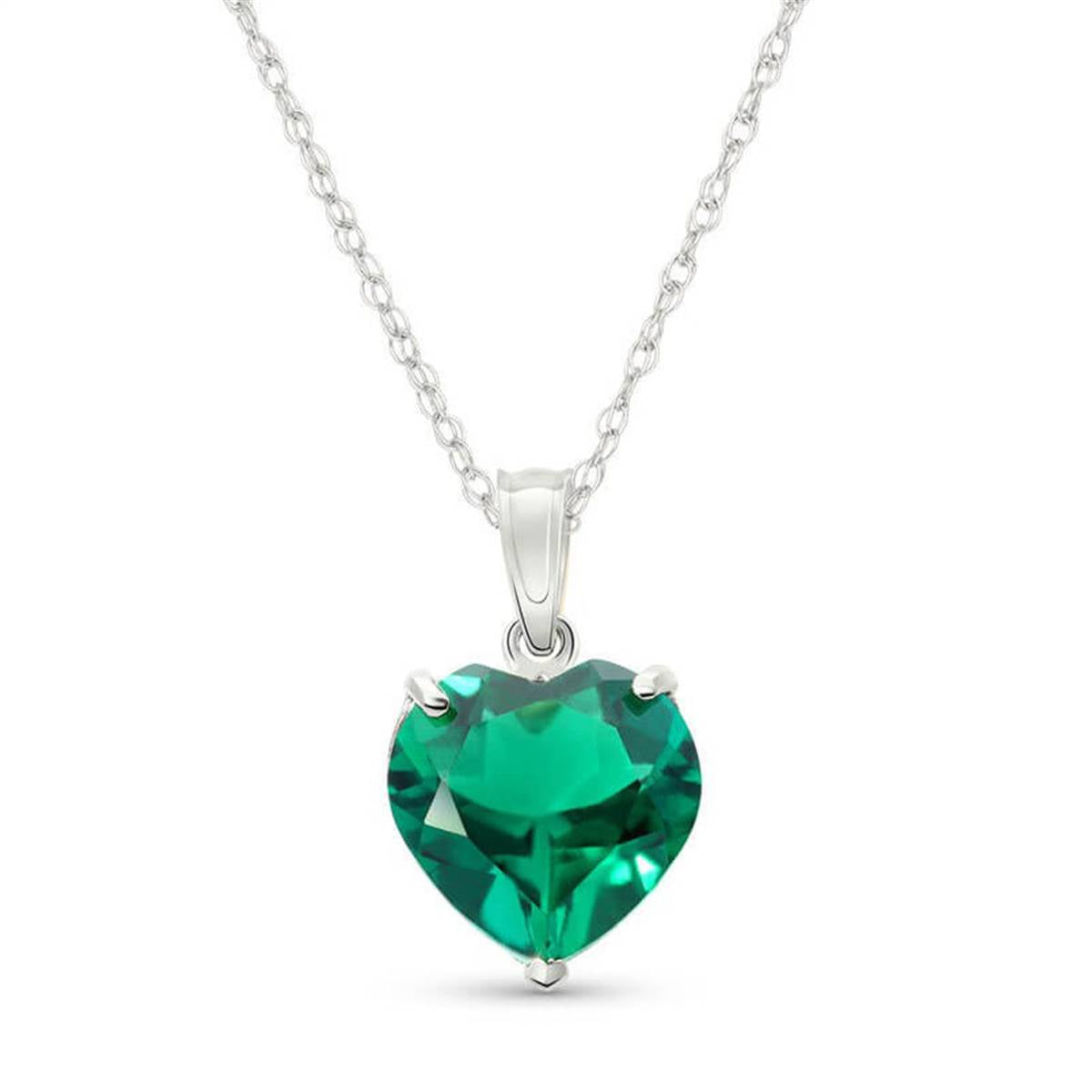 14K Solid White Gold Necklace With Heart Shape 2.75 ctw High Polished Genuine Emerald - Grade AAA