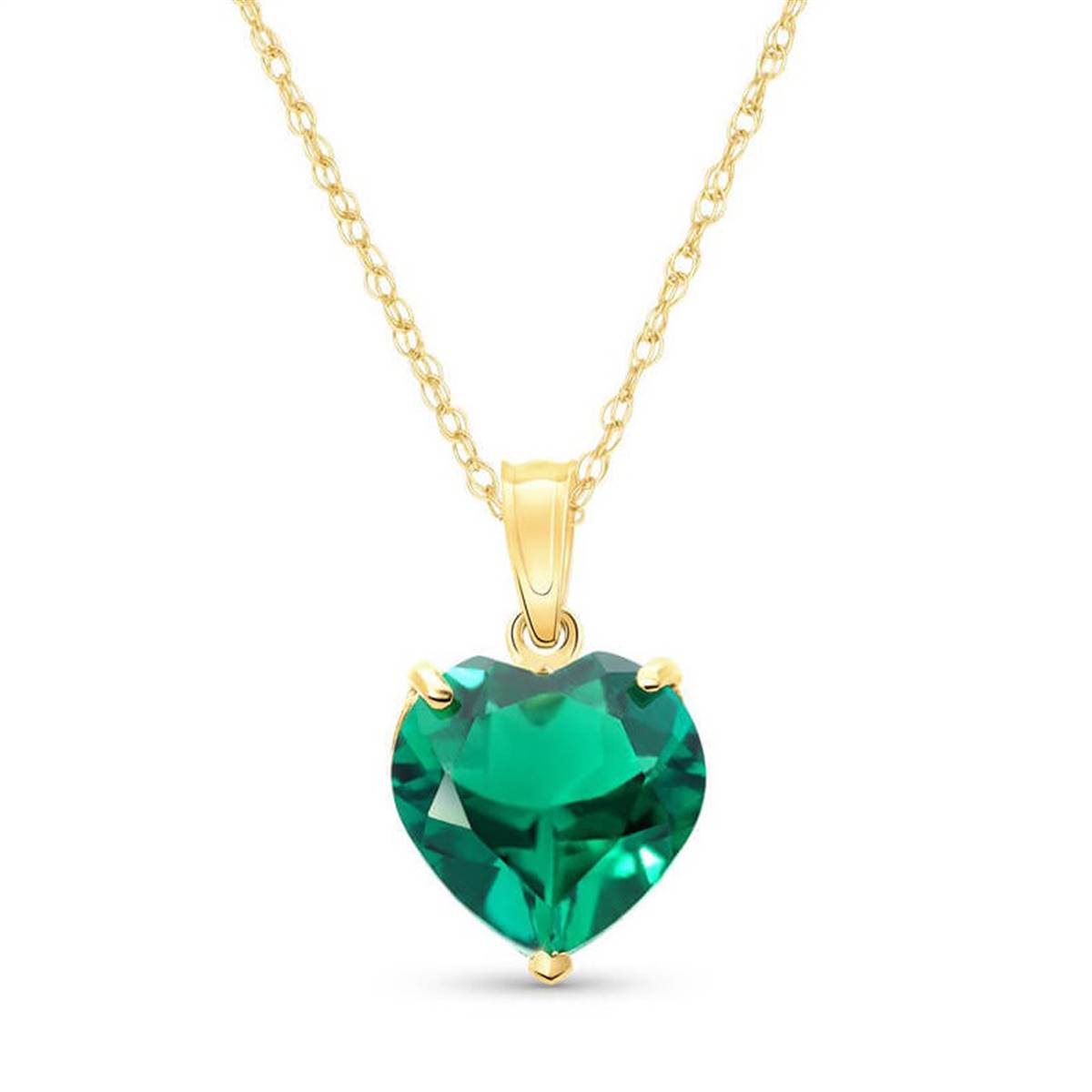 14K Solid Yellow Gold Necklace With Heart Shape 2.75 ctw High Polished Genuine Emerald - Grade AAA