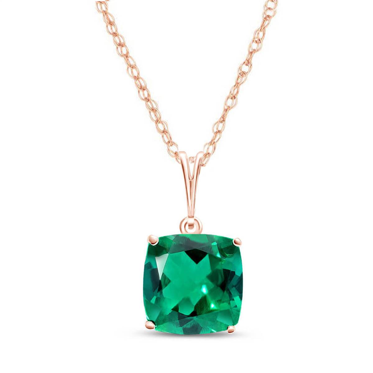14K Solid Rose  Gold Necklace With Cushion Shape 3.10 ctw High Polished Genuine Emerald - Grade AAA