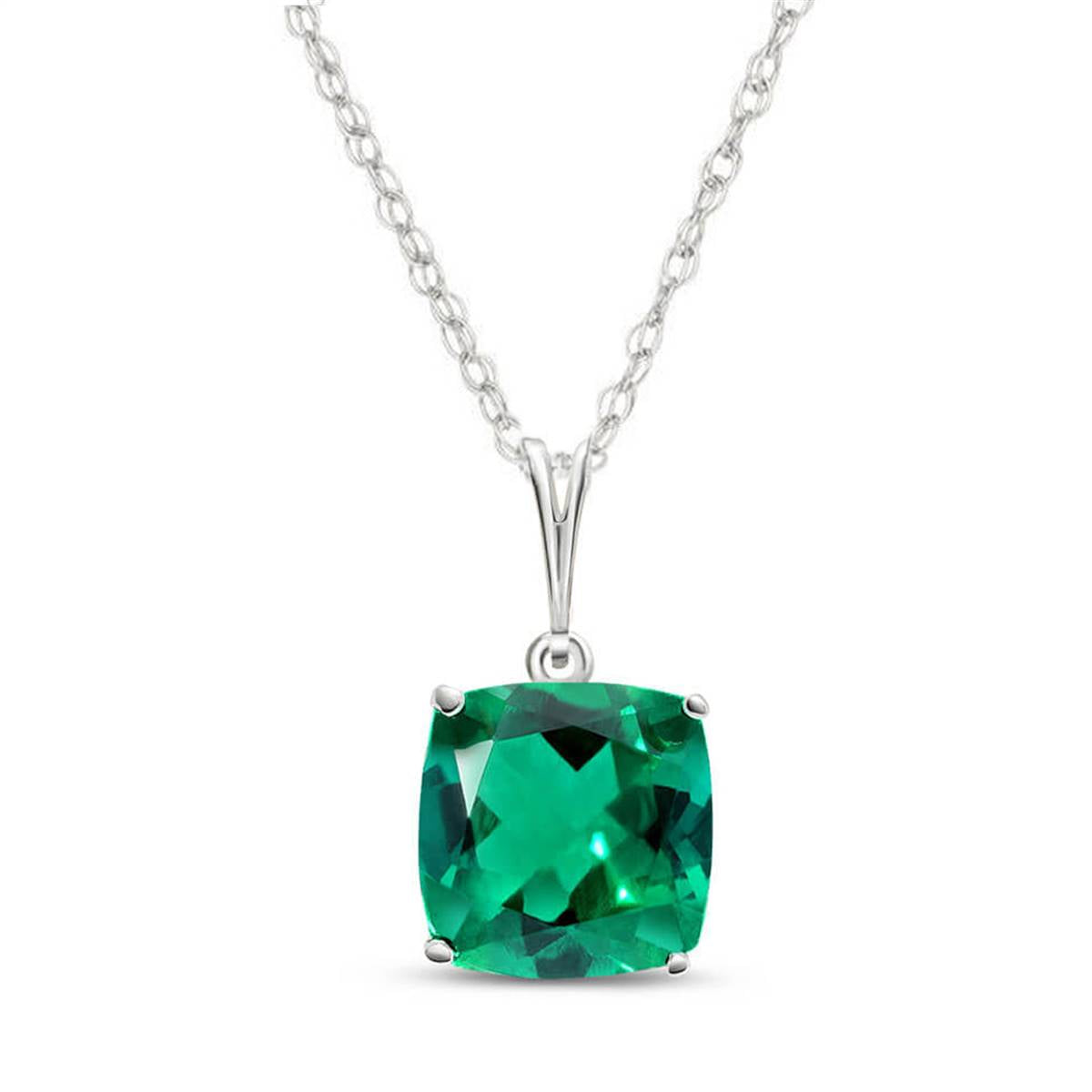 14K Solid White  Gold Necklace With Cushion Shape 3.10 ctw High Polished Genuine Emerald - Grade AAA