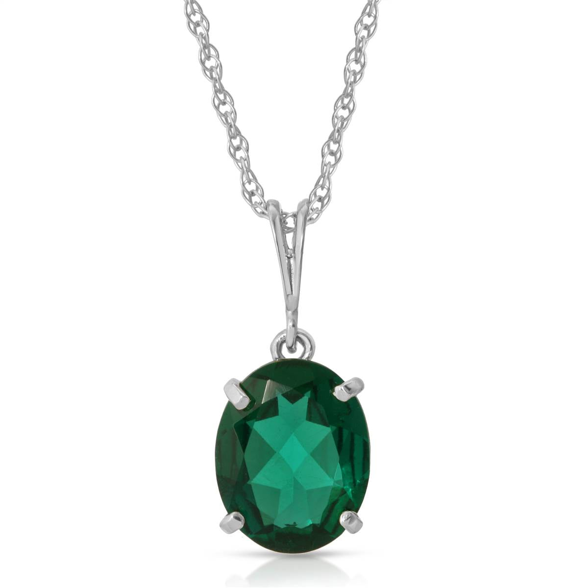 14K Solid White Gold Necklace With Oval Shape 1.90 ctw High Polished Genuine Emerald - Grade AAA