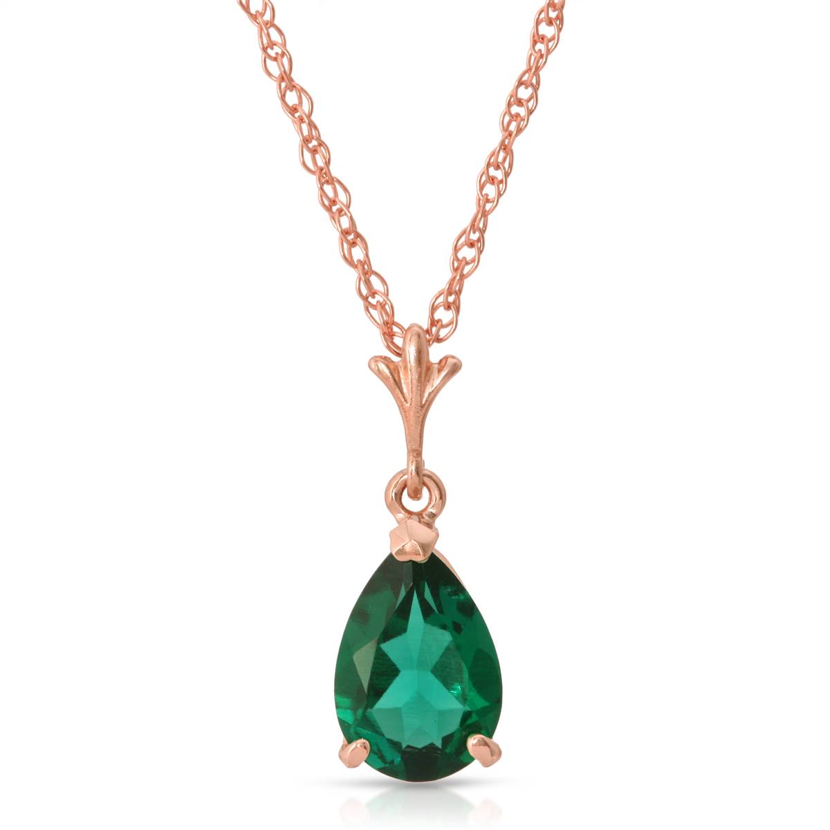 14K Solid Rose Gold Necklace With Pear Shape 1.00 ctw High Polished Genuine Emerald - Grade AAA
