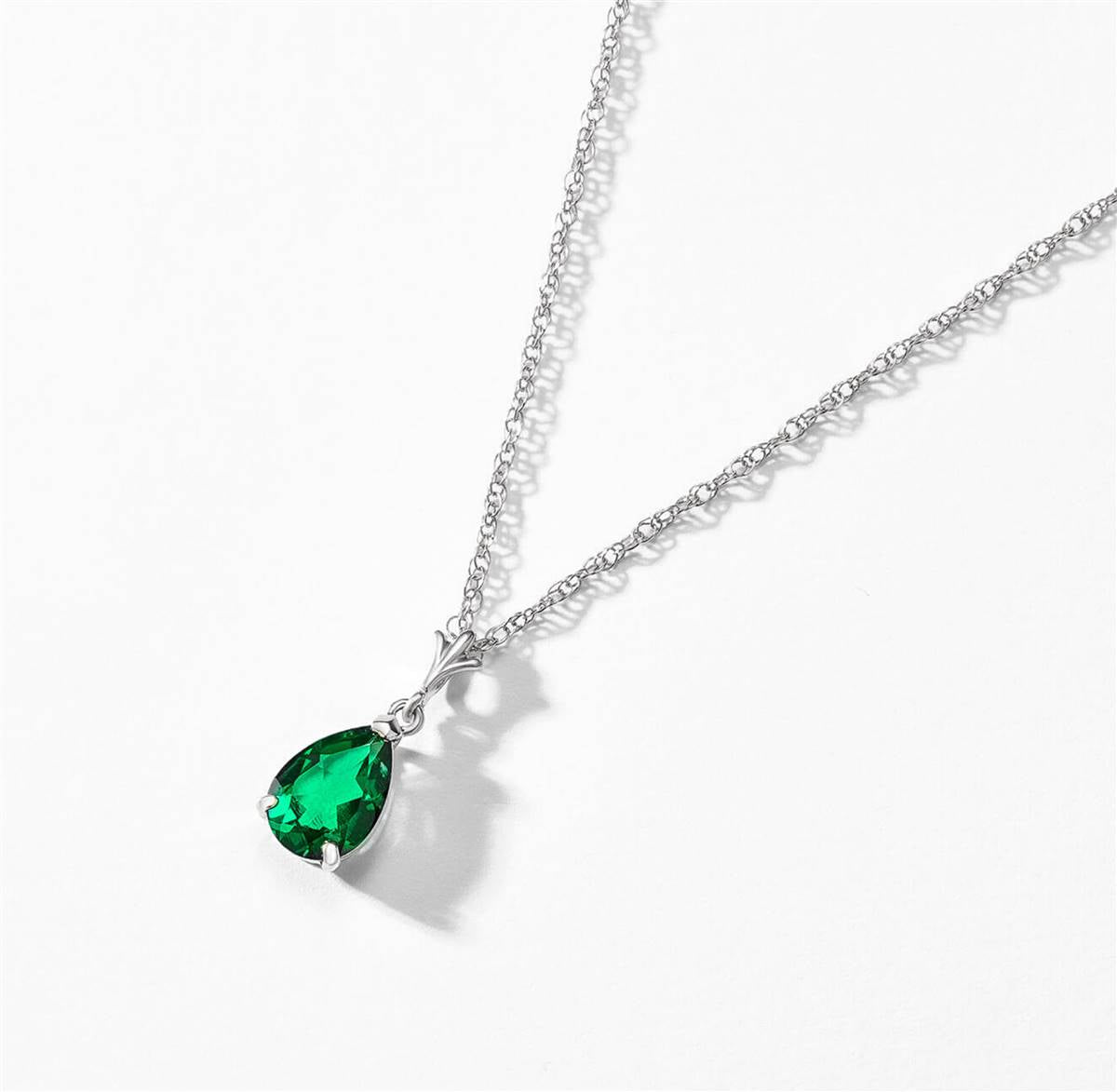 14K Solid White Gold Necklace With Pear Shape 1.00 ctw High Polished Genuine Emerald - Grade AAA