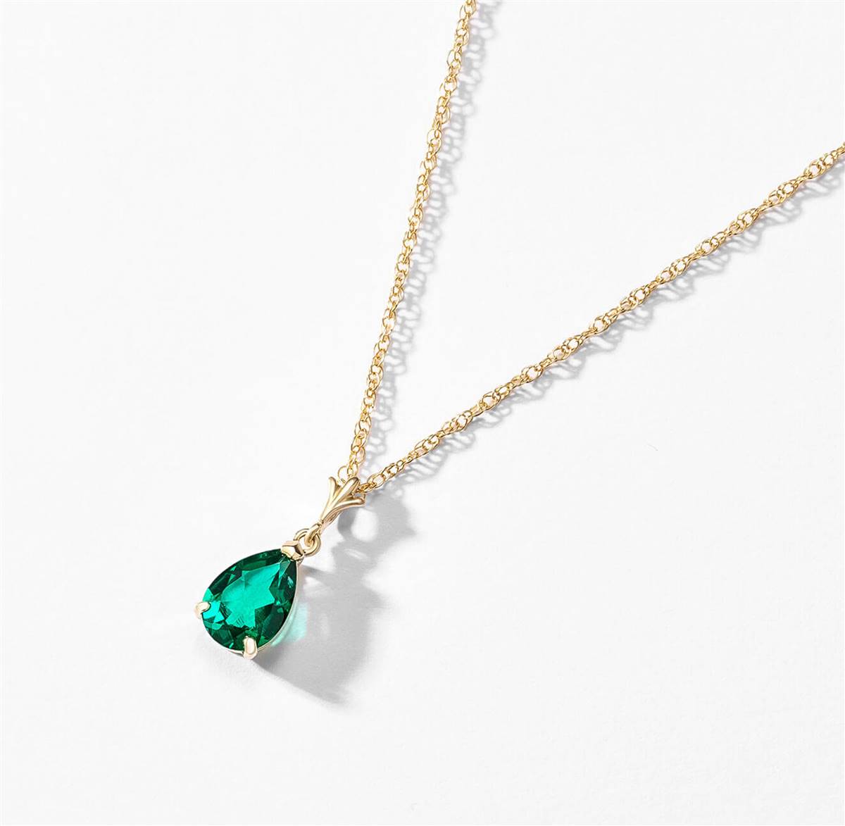 14K Solid Yellow Gold Necklace With Pear Shape 1.00 ctw High Polished Genuine Emerald - Grade AAA