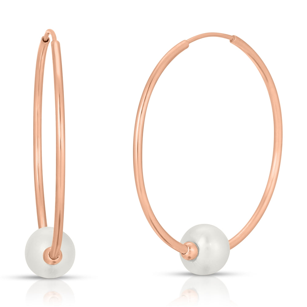 14K Solid Rose Gold Endless Hoop Earrings 1.0 mm Thickness With Pearls