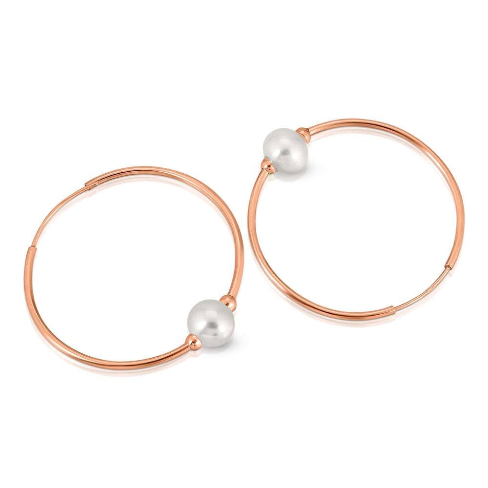 14K Solid Rose Gold Endless Hoop Earrings 1.0 mm Thickness With Pearls
