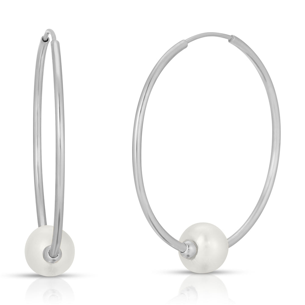 14K Solid White Gold Endless Hoop Earrings 1.0 mm Thickness With Pearls