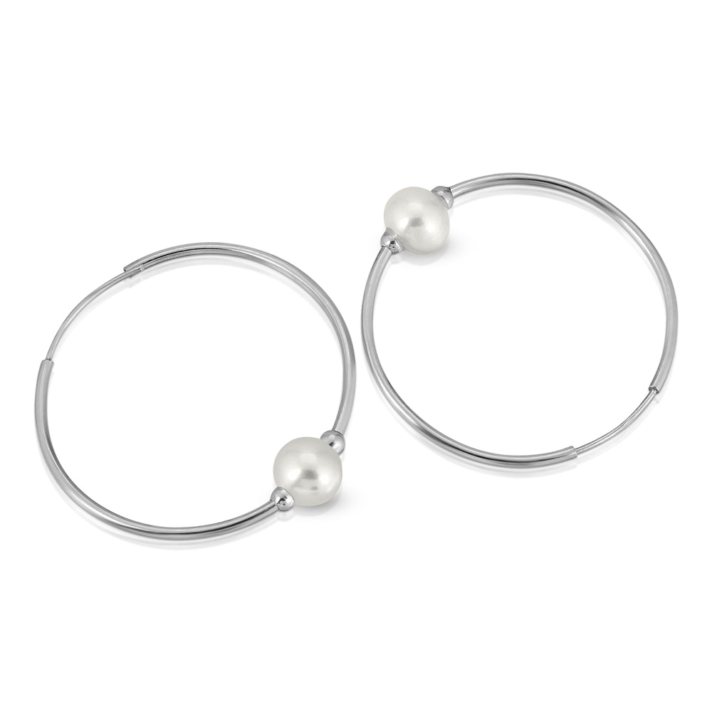 14K Solid White Gold Endless Hoop Earrings 1.0 mm Thickness With Pearls