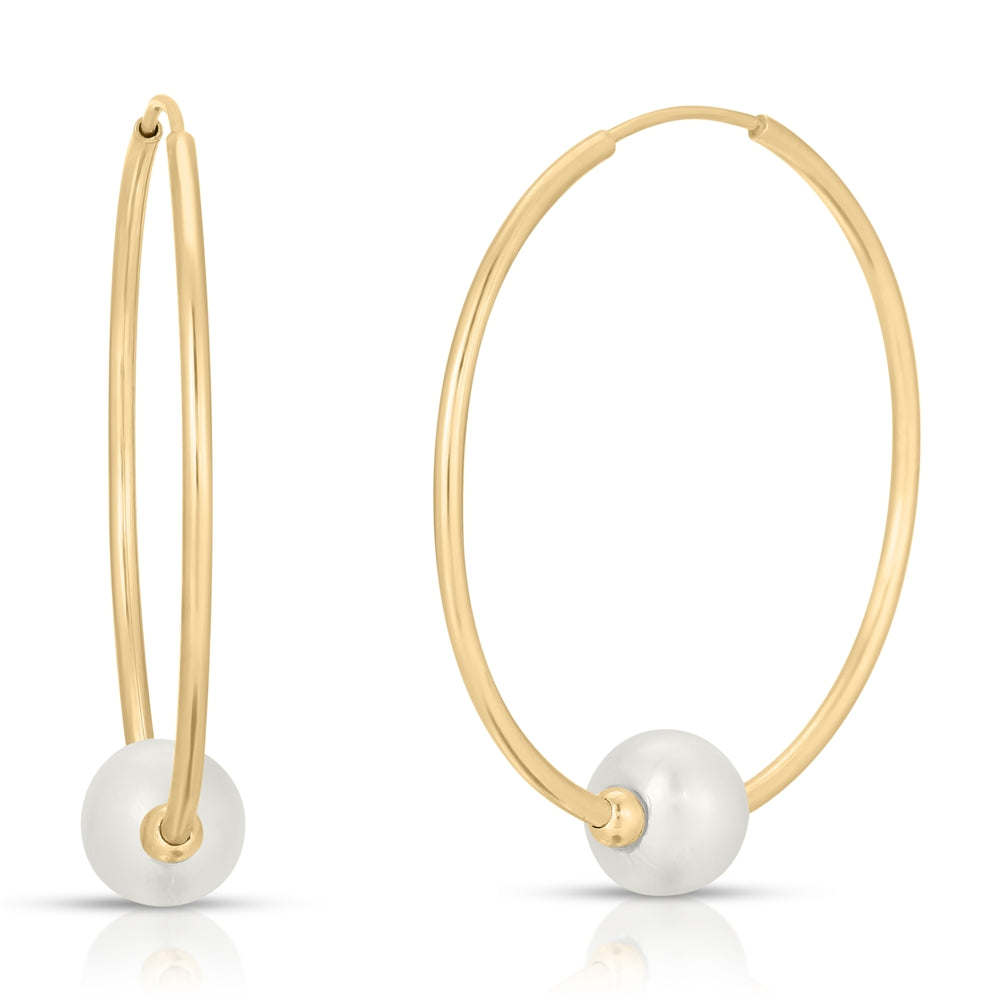 14K Solid Yellow Gold Endless Hoop Earrings 1.0 mm Thickness With Pearls